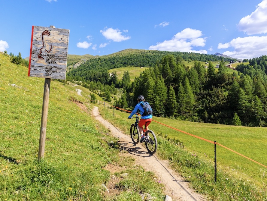 Cycling on mtb in beautiful Nation Park of Stelvio, Alps Mountains, Italy