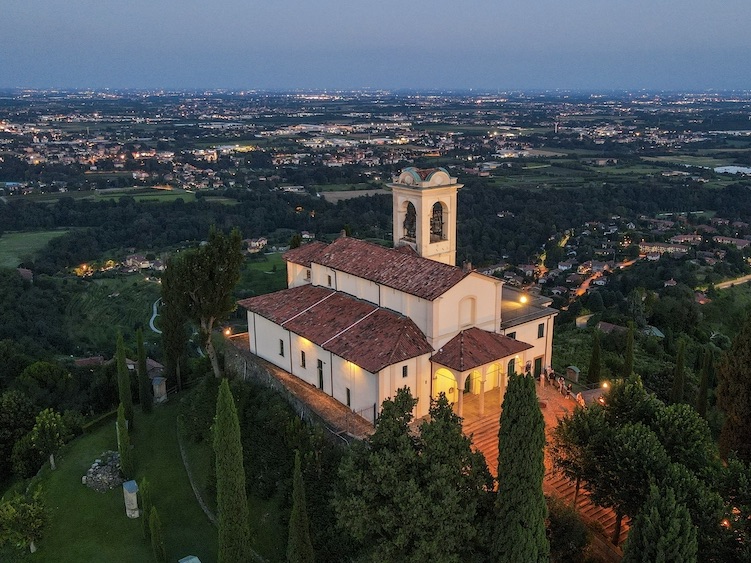 Aerial view of Montevecchia, popular sanctuary and travel attraction destination in Brianza.